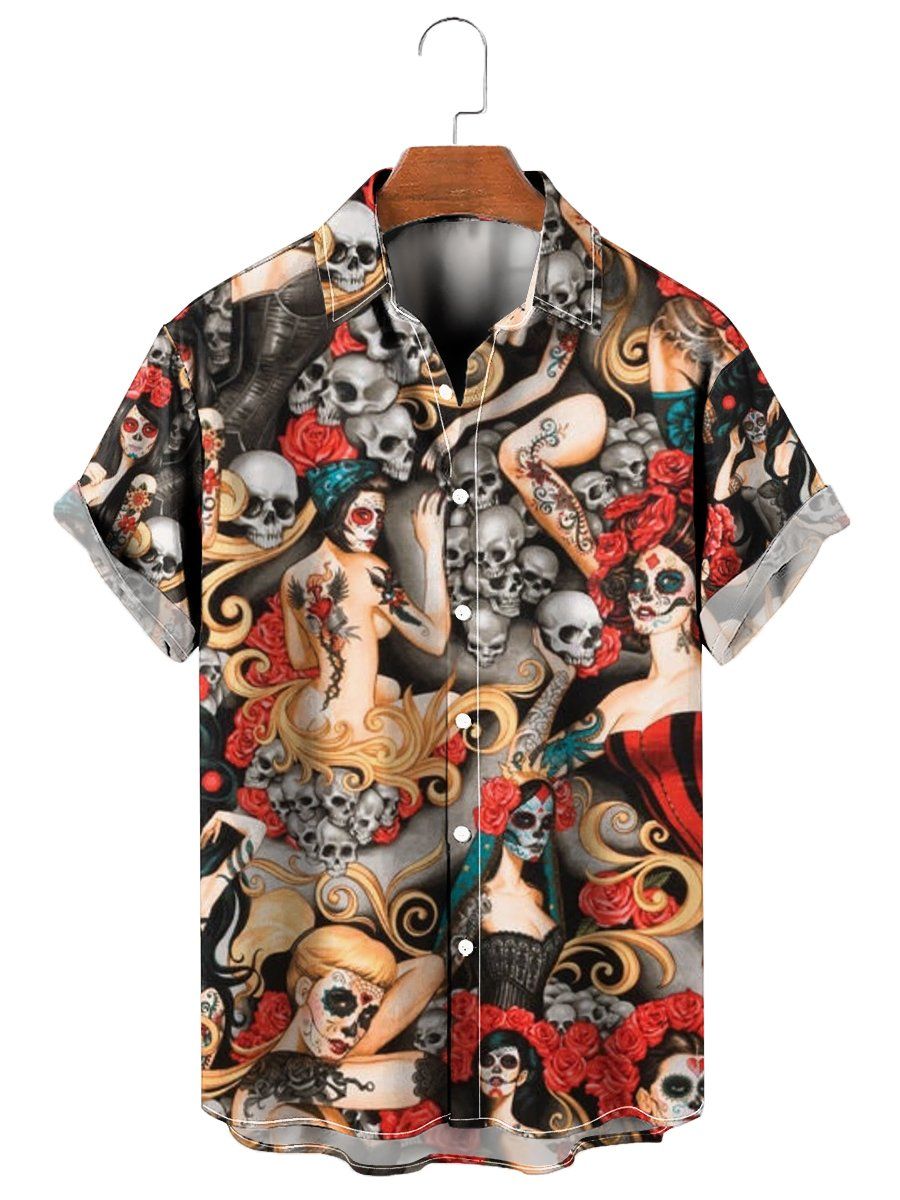 Vintage Skull Beauty Print Short Sleeve Hawaiian Shirt Vintage Skull Beauty Print Short Sleeve Hawaiian Shirt