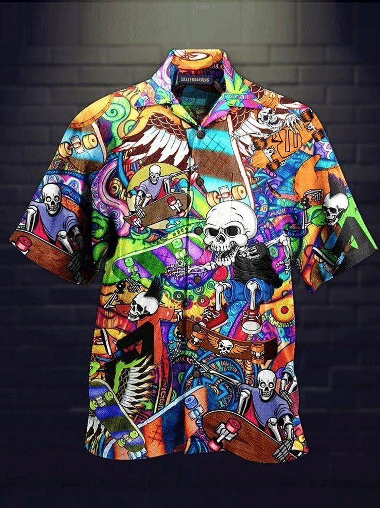 Vintage Skull Life Is Colorful Short Sleeve Hippie Style Trendy Hawaiian Shirt