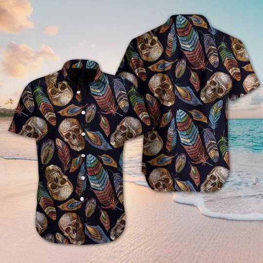 Vintage Skull With Native Feather Trendy Hawaiian Shirt