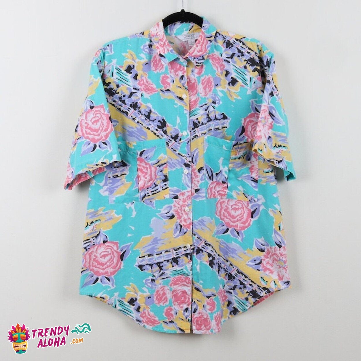 Vintage Teal Floral 90s Hawaiian Miami Vice Button Down Shirt L
