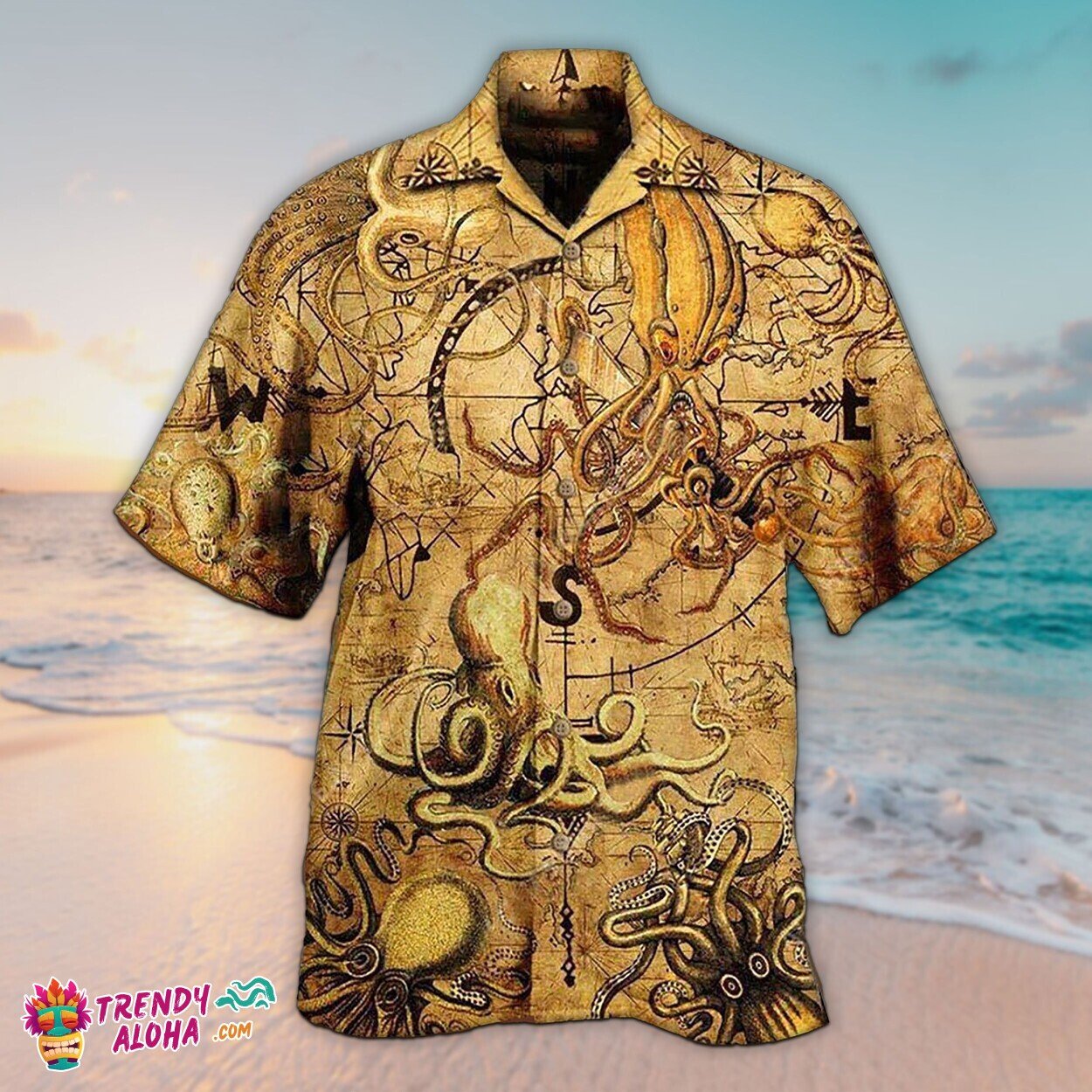 Vintage Treasure Octopus 3D Unisex Hawaiian Shirt Aloha Short Sleeve