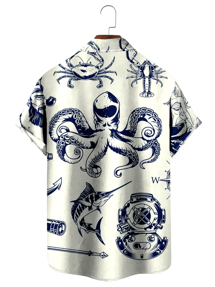 Vintage Trendy Hawaiian Shirts Nautical Mermaid Easy Care Aloha Shirts
