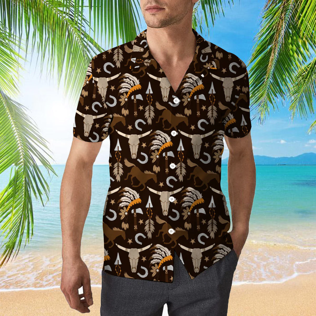 Vintage Western Boho Printed Trendy Hawaiian Shirt For Aloha Shirt