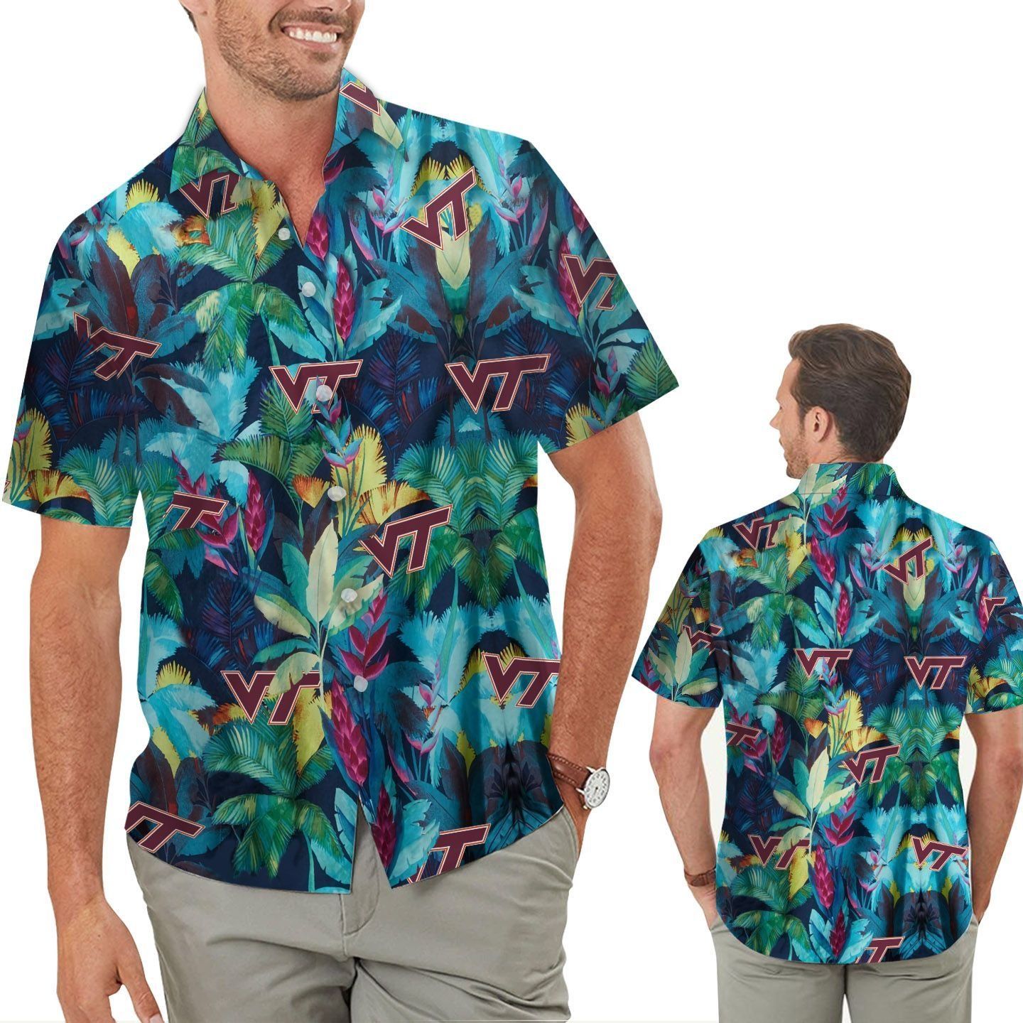 Virginia TecHokies Floral Tropical Men Women Short Sleeve Button Up Tropical Hawaiian Shirt