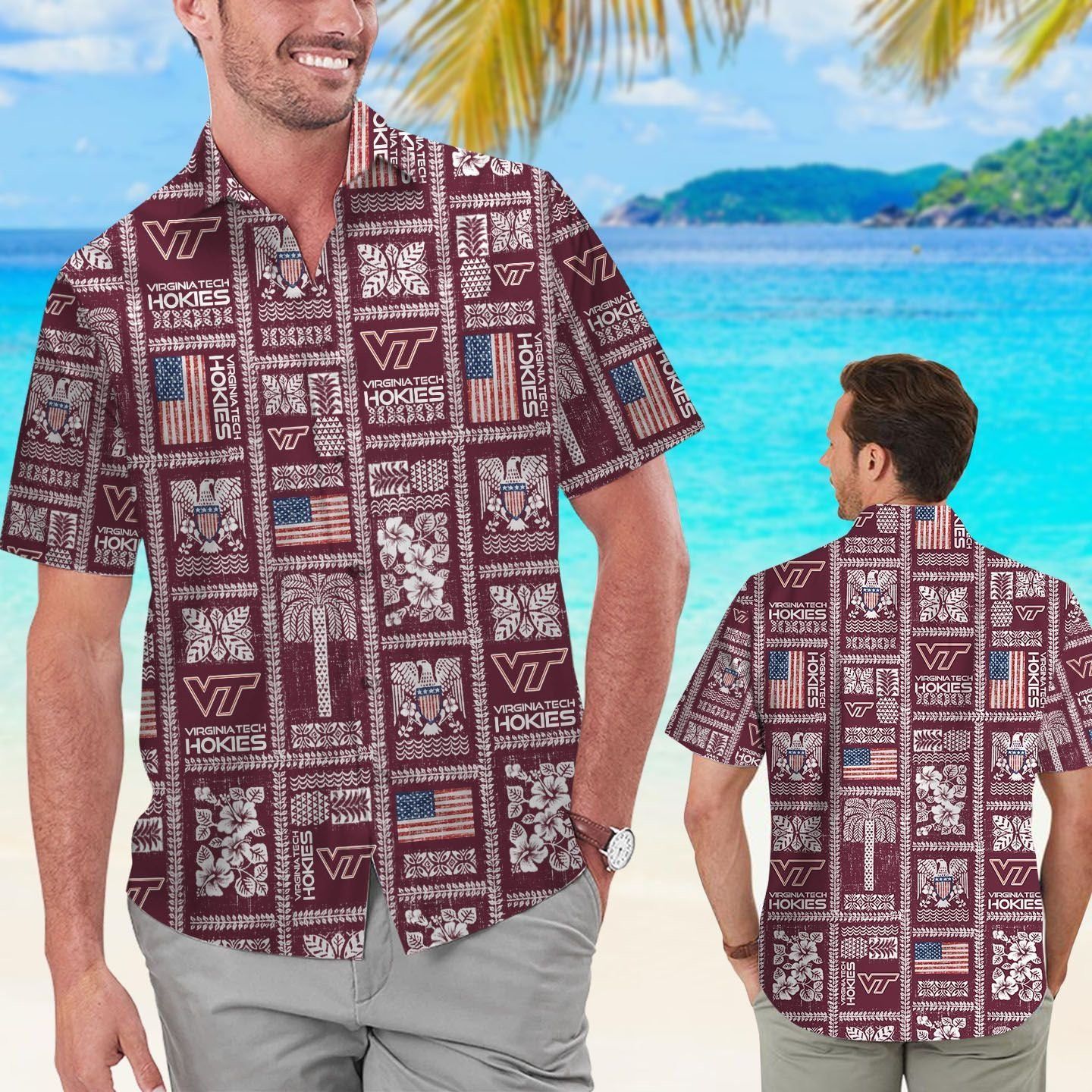 Virginia TecHokies Summer Commemorative Short Sleeve Button Up Tropical Hawaiian Shirt