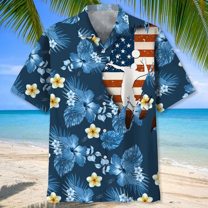 Volleyball American Flag Flower Trendy Hawaiian Shirt, Volleyball Shirt, Sports Team Group Shirts