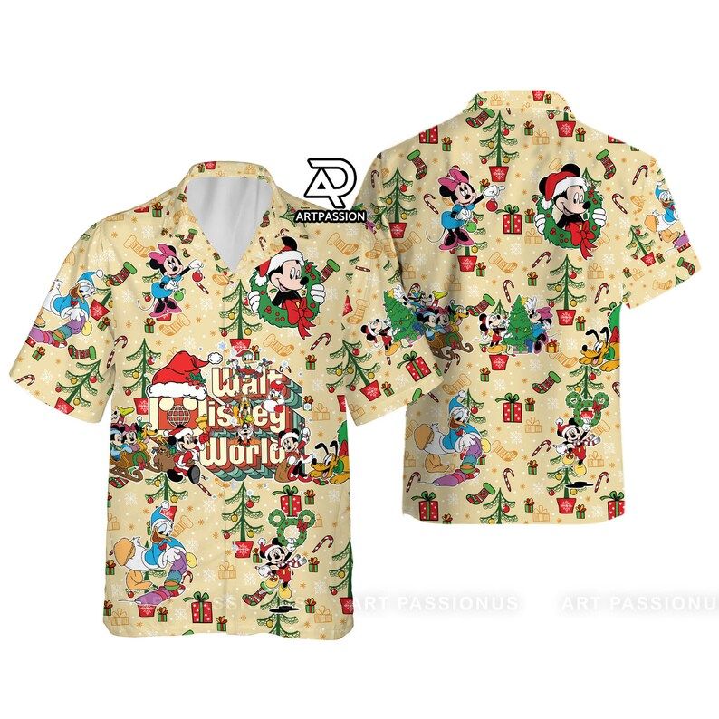 Walt Disney World Hawaiian Christmas Mickey Minnie Donald Pluto Goofy Shirt