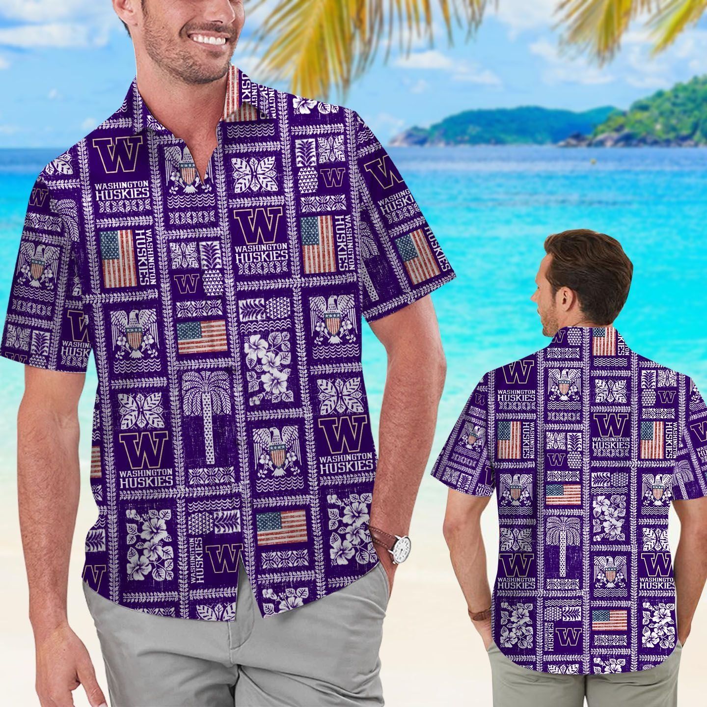 Washington Huskies Summer Commemorative Short Sleeve Button Up Tropical Hawaiian Shirt