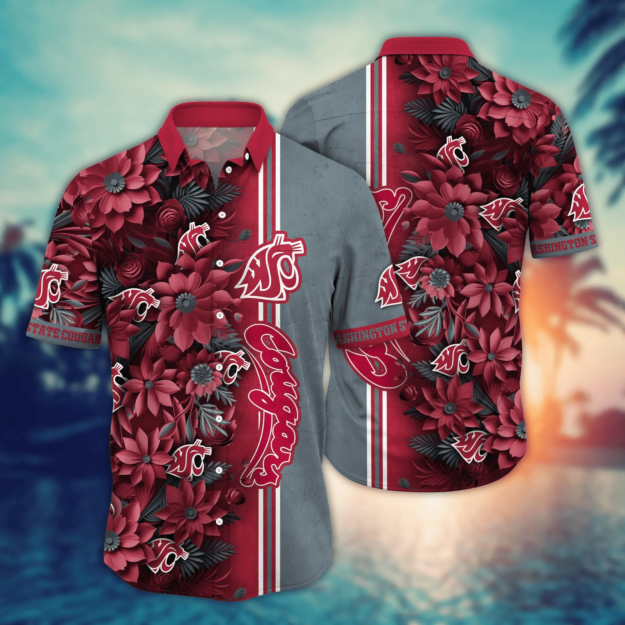 Washington State Cougars NCAA Hawaiian Shirt Custom Seaside Aloha Shirt Washington State Cougars NCAA Hawaiian Shirt Custom Seaside Aloha Shirt