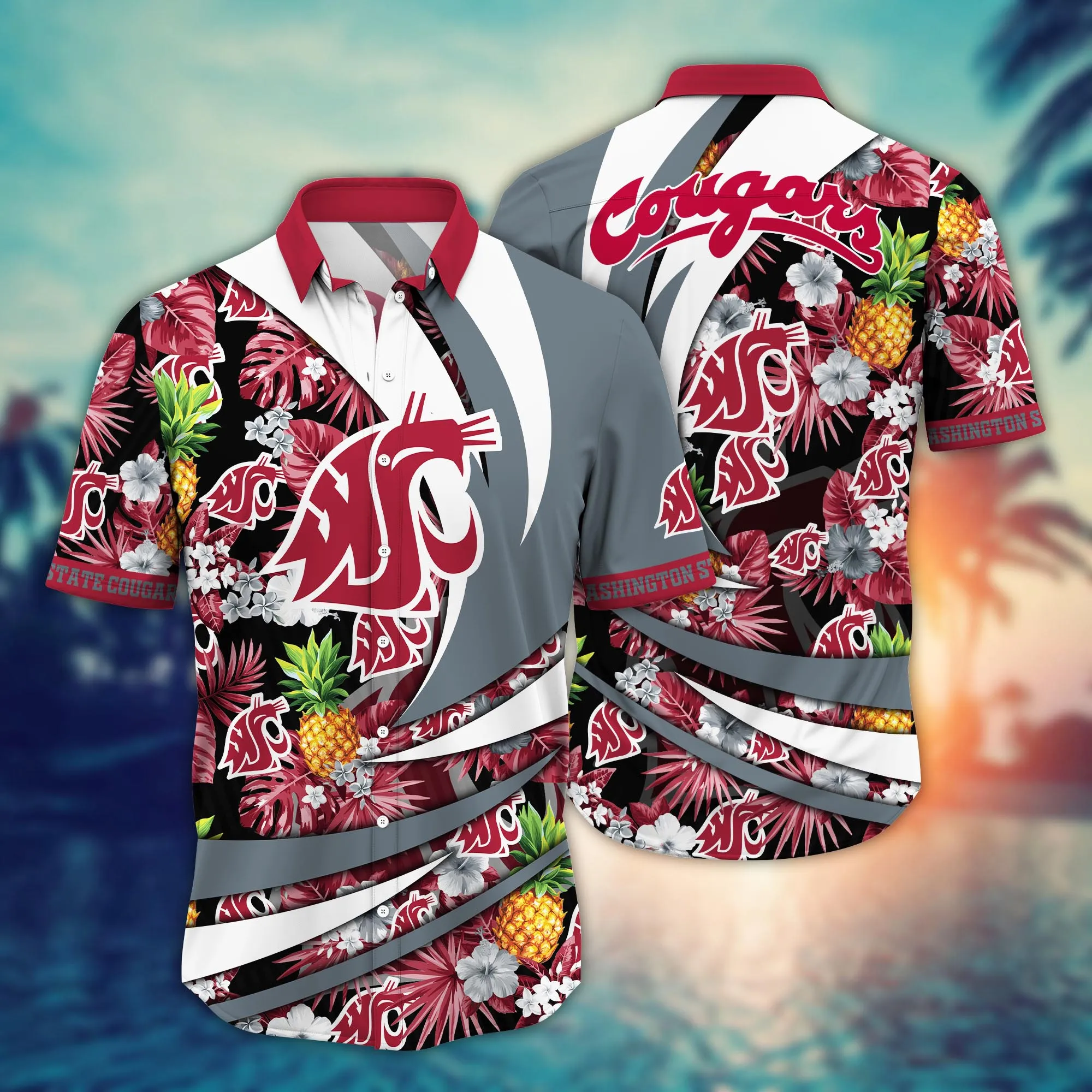 Washington State Cougars NCAA Hawaiian Shirt Sunburn Aloha Shirt Washington State Cougars NCAA Hawaiian Shirt Sunburn Aloha Shirt