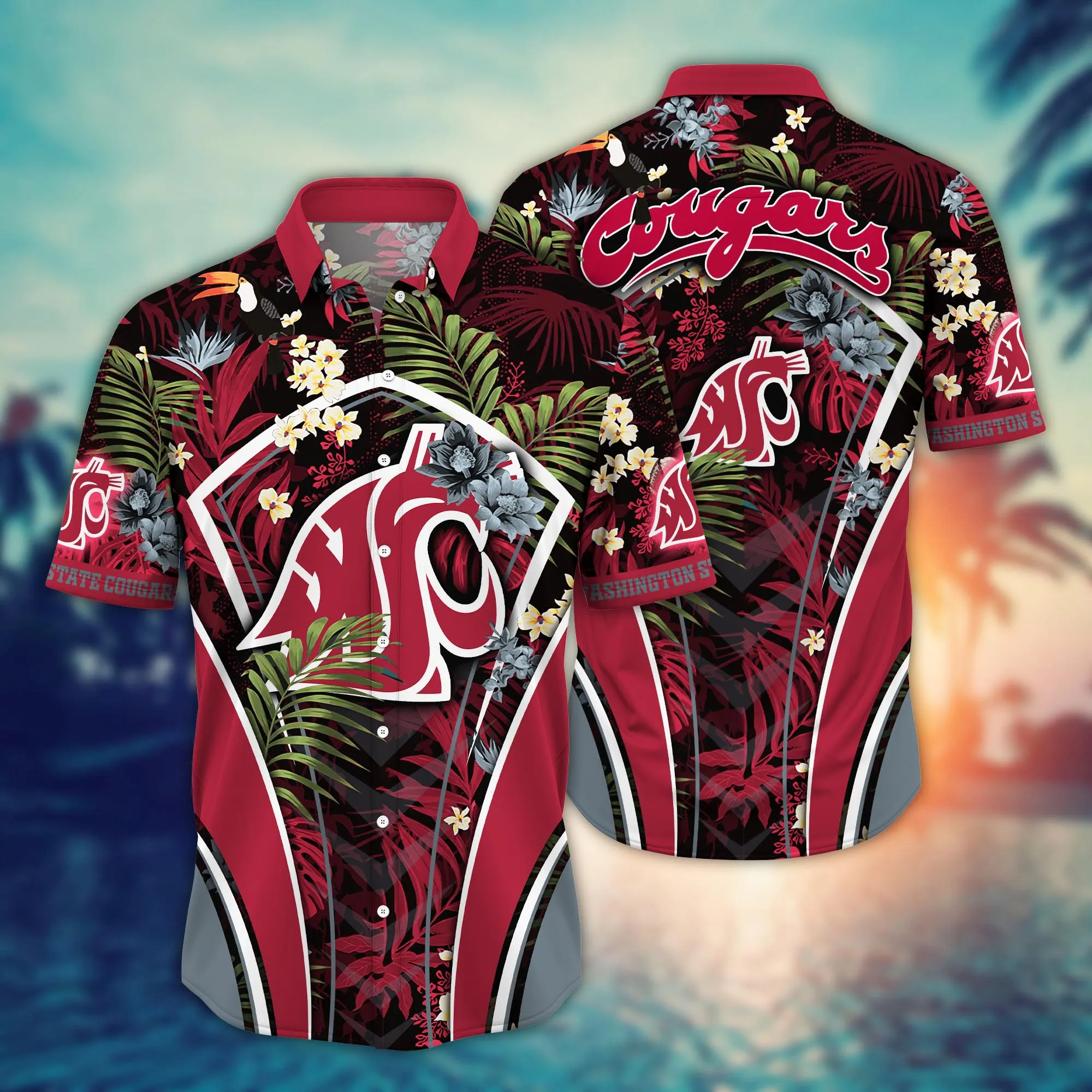 Washington State Cougars NCAA Hawaiian Shirt Sunlight Aloha Shirt Washington State Cougars NCAA Hawaiian Shirt Sunlight Aloha Shirt