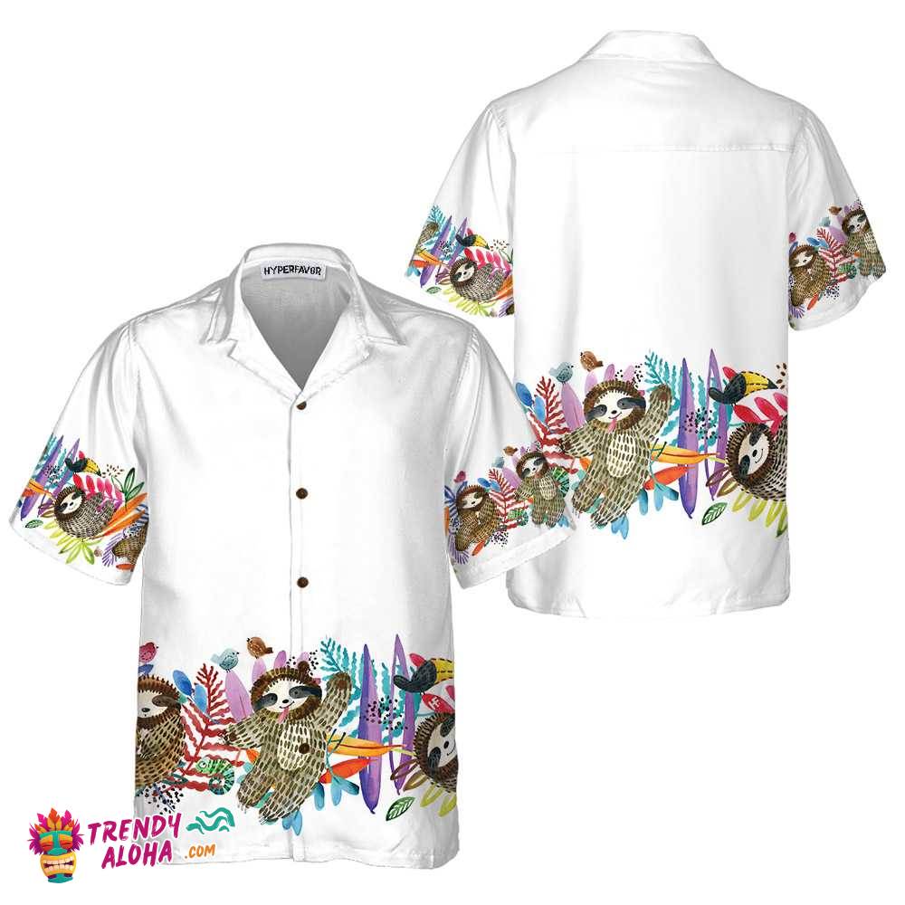 Watercolor Cute Sloth And Tropical Plant Hawaiian Shirt, Funny Sloth Shirt For Adults, Sloth Themed Gift Idea