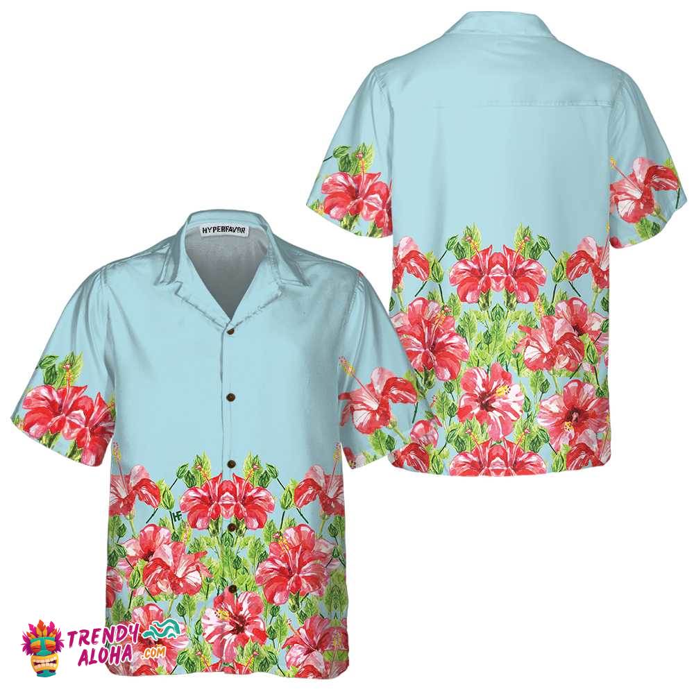 Watercolor Hibiscus Flower Hawaiian Shirt, Short Sleeve Red Hibiscus Print Shirt