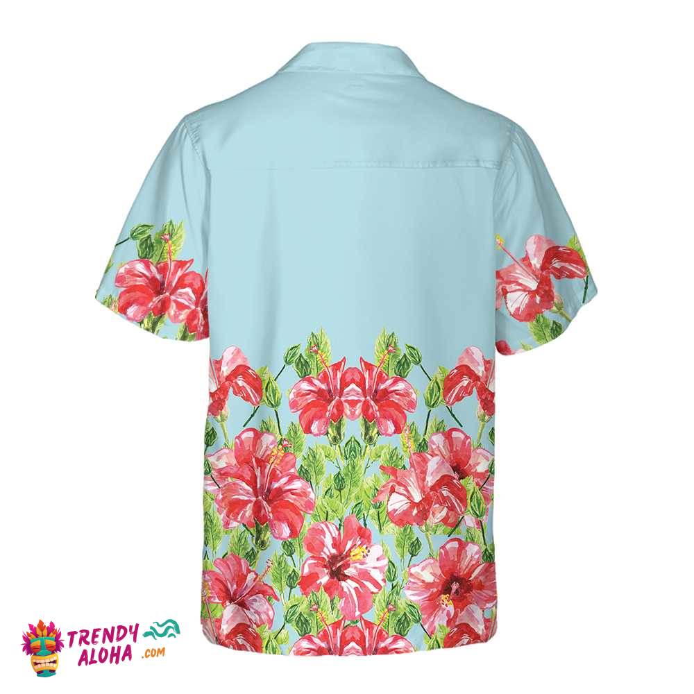 Watercolor Hibiscus Flower Hawaiian Shirt, Short Sleeve Red Hibiscus Print Shirt