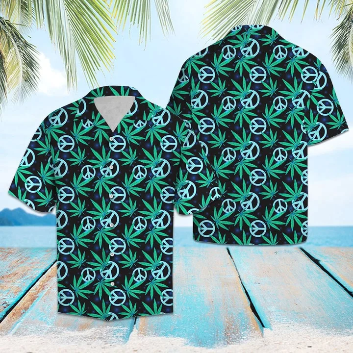 Watercolor Hippie Leaves Peace Sign Trendy Hawaiian Shirt