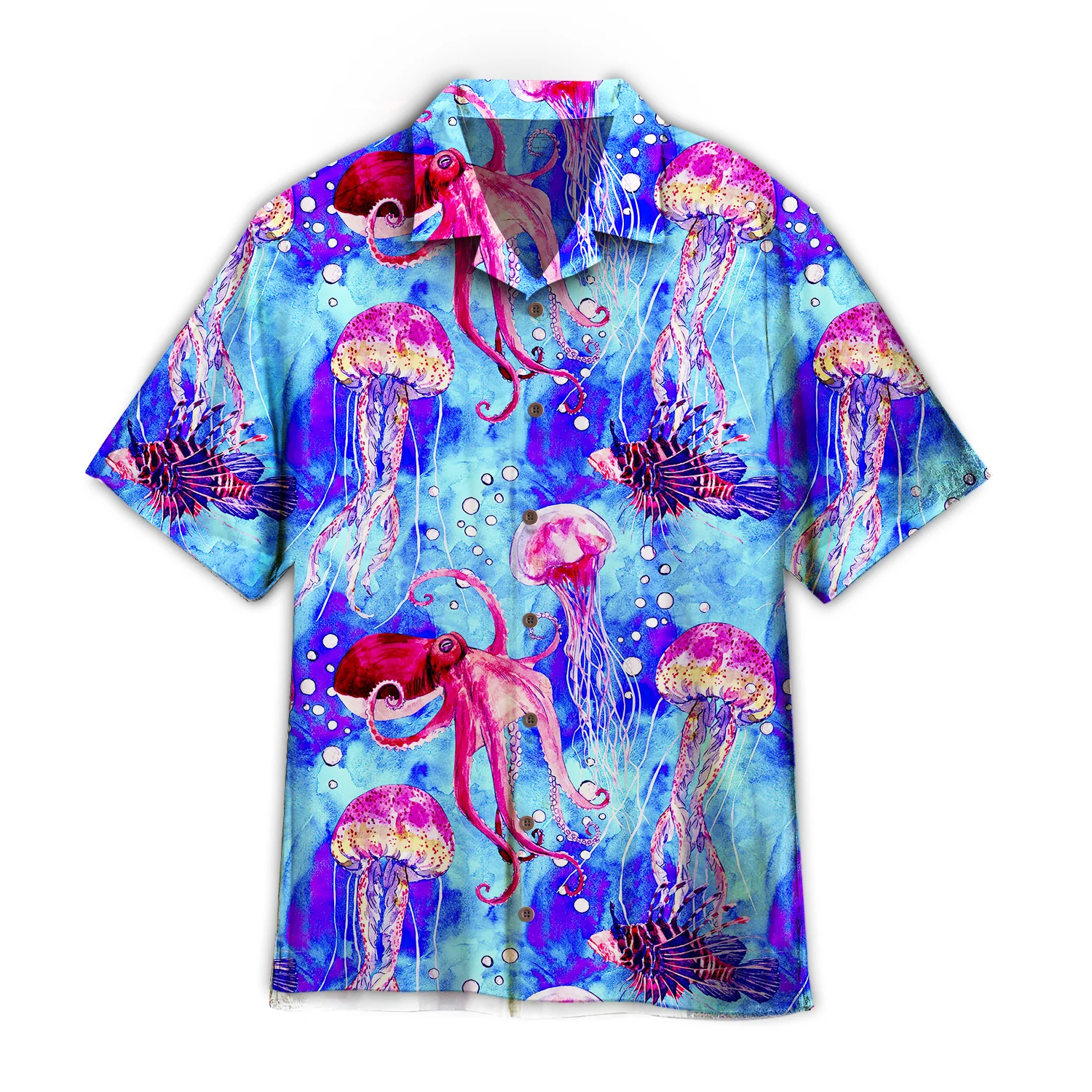 Watercolor Octopus And Jellyfish On Blue Sea Hawaiian Shirt