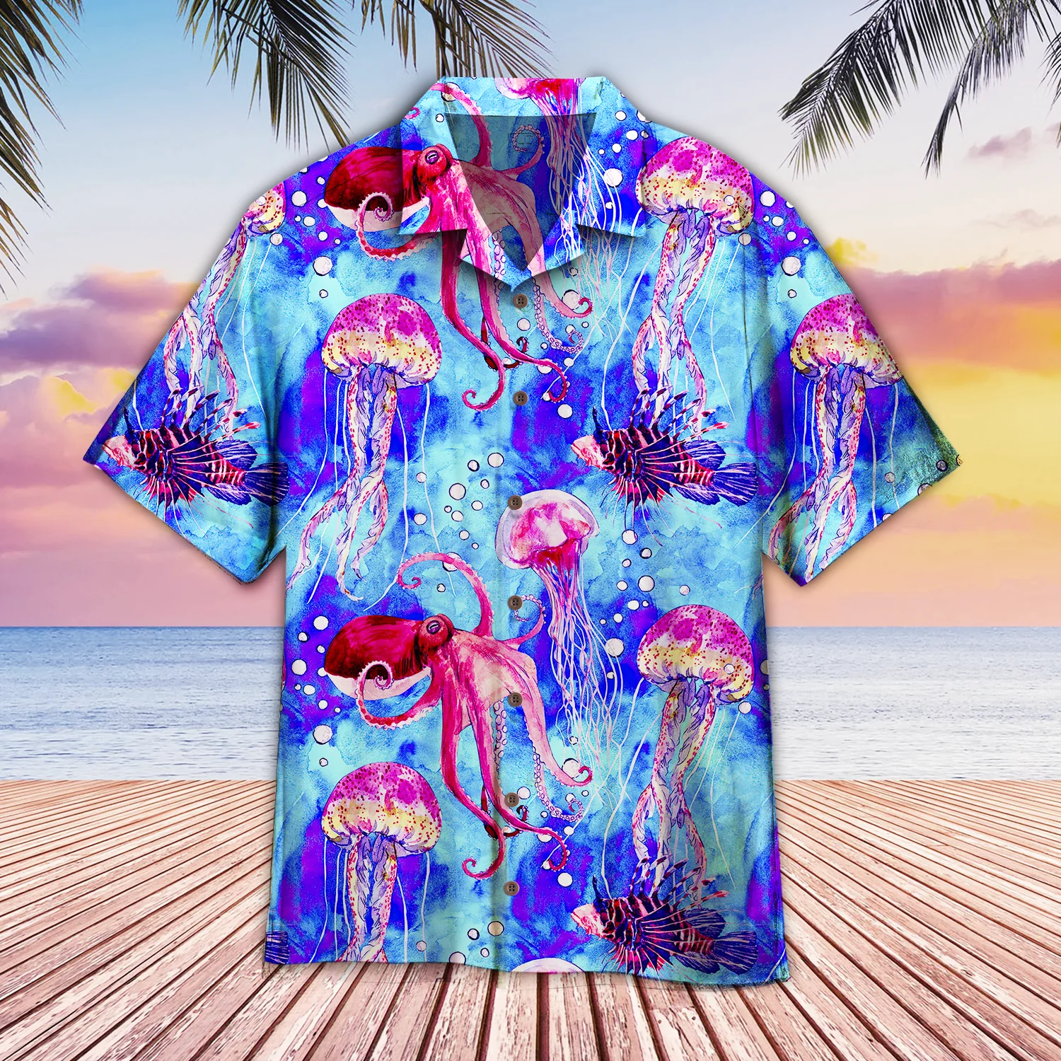 Watercolor Octopus And Jellyfish On Blue Sea Trendy Hawaiian Shirt