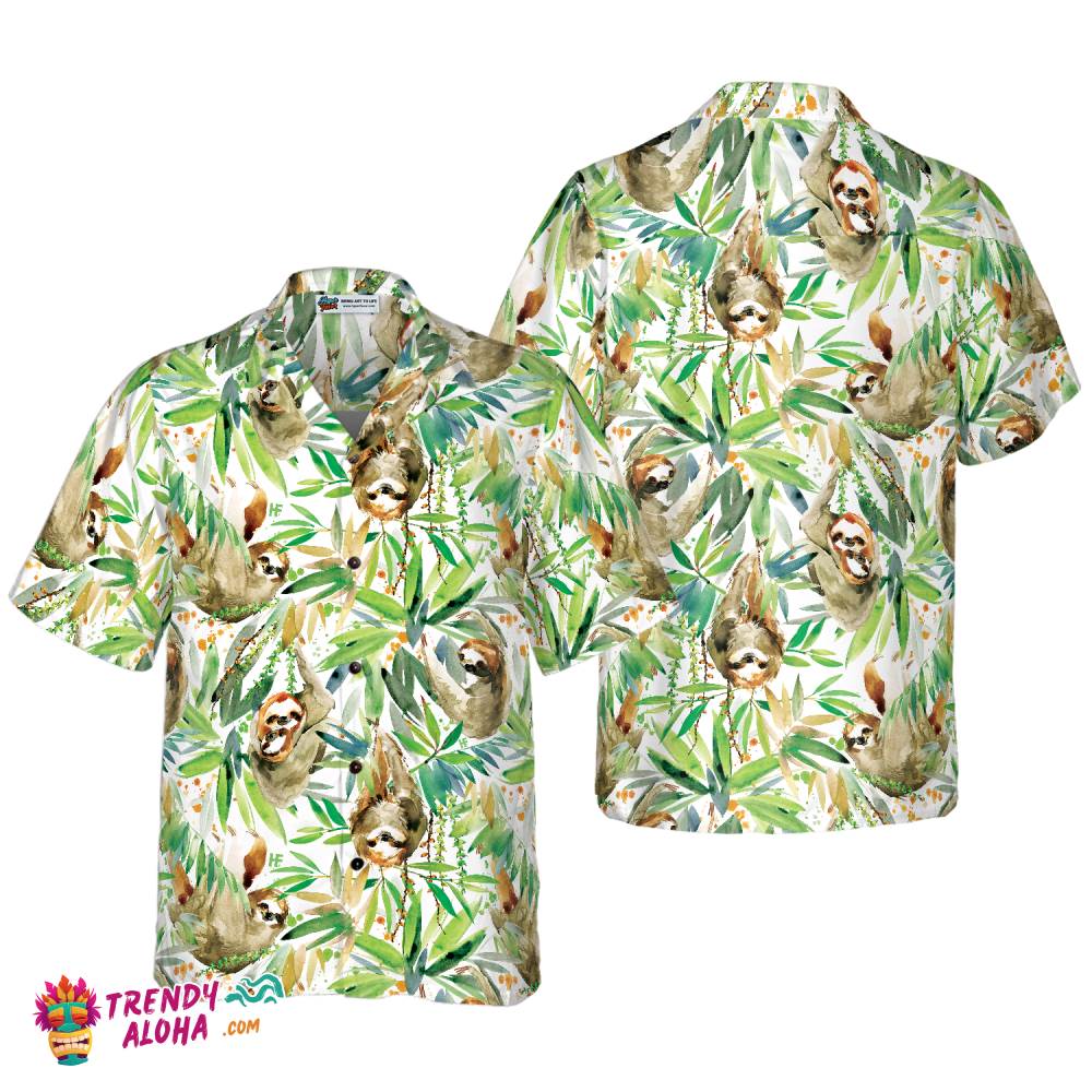 Watercolor Sloth And Tropical Plant Hawaiian Shirt