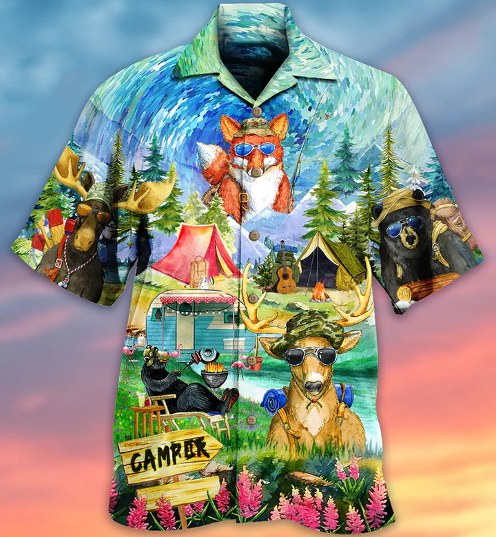 Watercolor Wildlife Camping Hawaiian Shirt for Fox Lovers