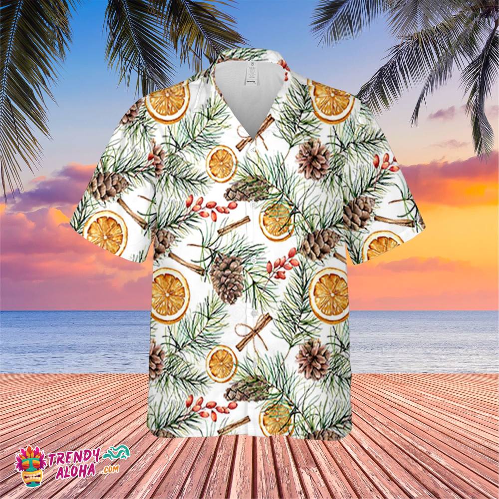 Watercolor Winter Pine Branch Cones Hand Painted Orange Trending Hawaiian Shirt, Summer Vacation Hawaiian Shirt