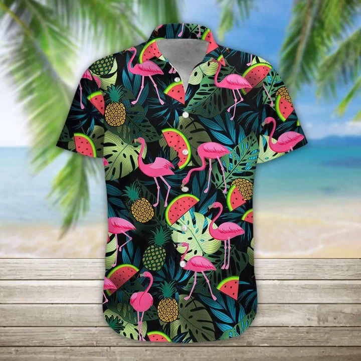 Watermelon And Flamingo Ornamental Design Trendy Hawaiian Shirt
