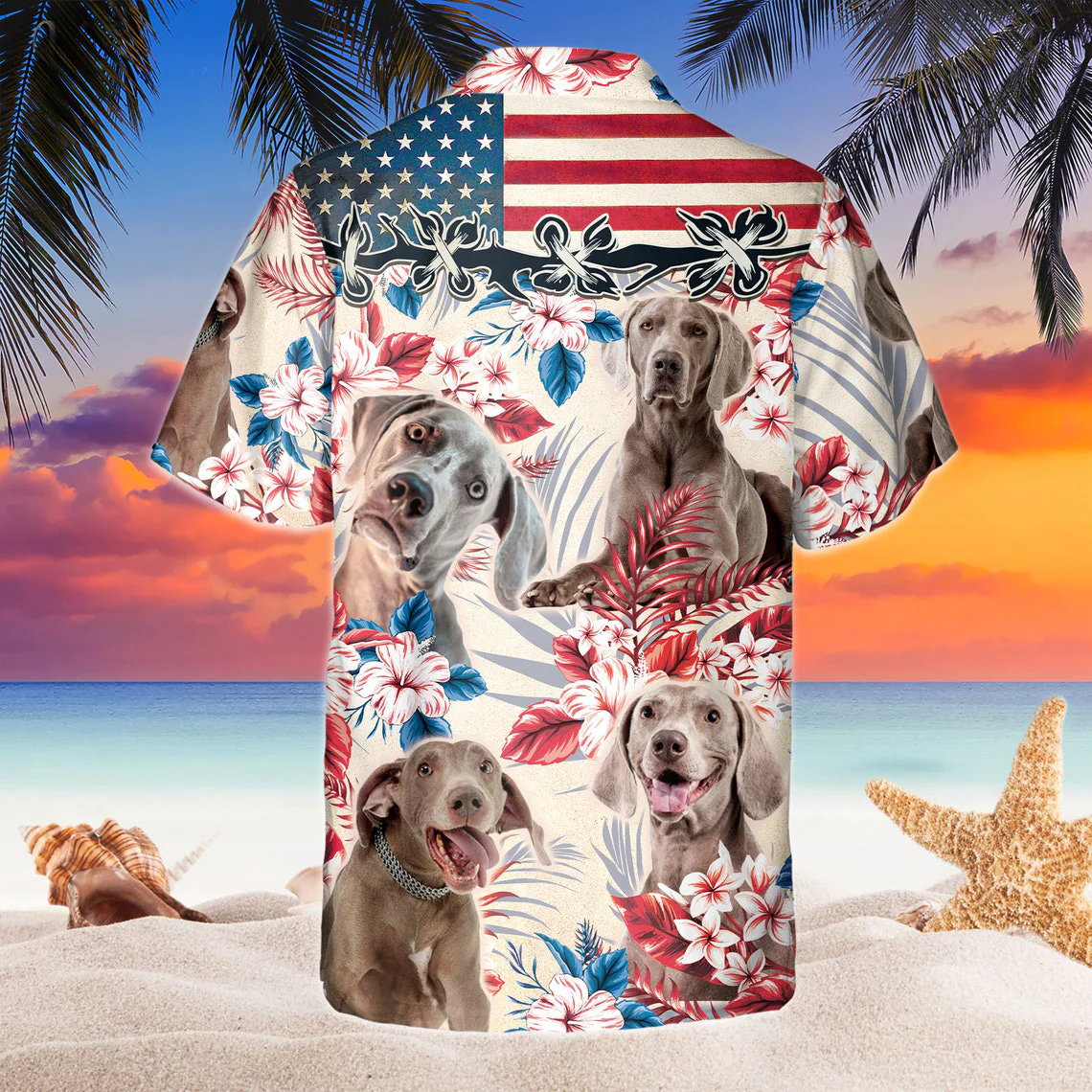 Weimaraner Dog United States Flag Hawaiian Flowers All Over Printed 3D Hawaiian Shirt
