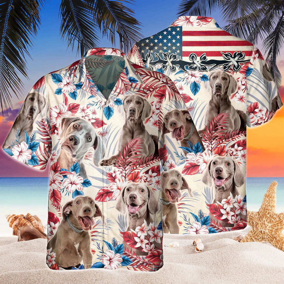 Weimaraner Dog United States Flag Hawaiian Flowers All Over Printed 3D Hawaiian Shirt Weimaraner Dog United States Flag Hawaiian Flowers All Over Printed 3D Hawaiian Shirt