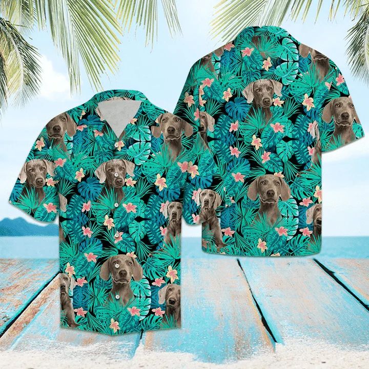 Weimaraner Tropical Flower Pattern Turquoise Theme Trendy Hawaiian Shirt