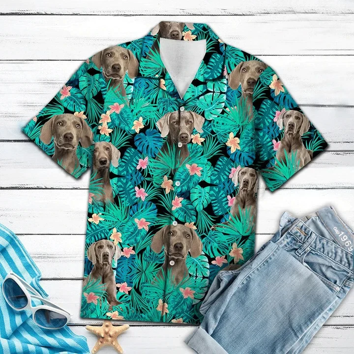 Weimaraner Tropical Flower Pattern Turquoise Theme Trendy Hawaiian Shirt Weimaraner Tropical Flower Pattern Turquoise Theme Trendy Hawaiian Shirt