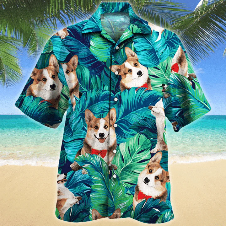 Welsh Corgi Dog Green And Blue Stripe Trendy Hawaiian Shirt