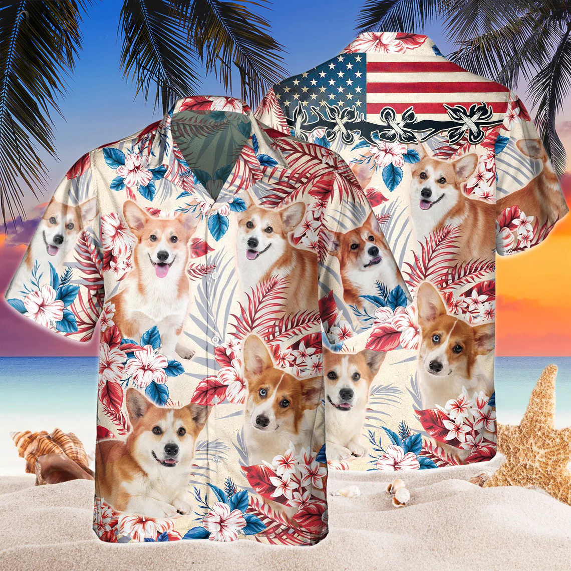 Welsh Corgi Dog United States Flag Hawaiian Flowers All Over Printed 3D Hawaiian Shirt Welsh Corgi Dog United States Flag Hawaiian Flowers All Over Printed 3D Hawaiian Shirt