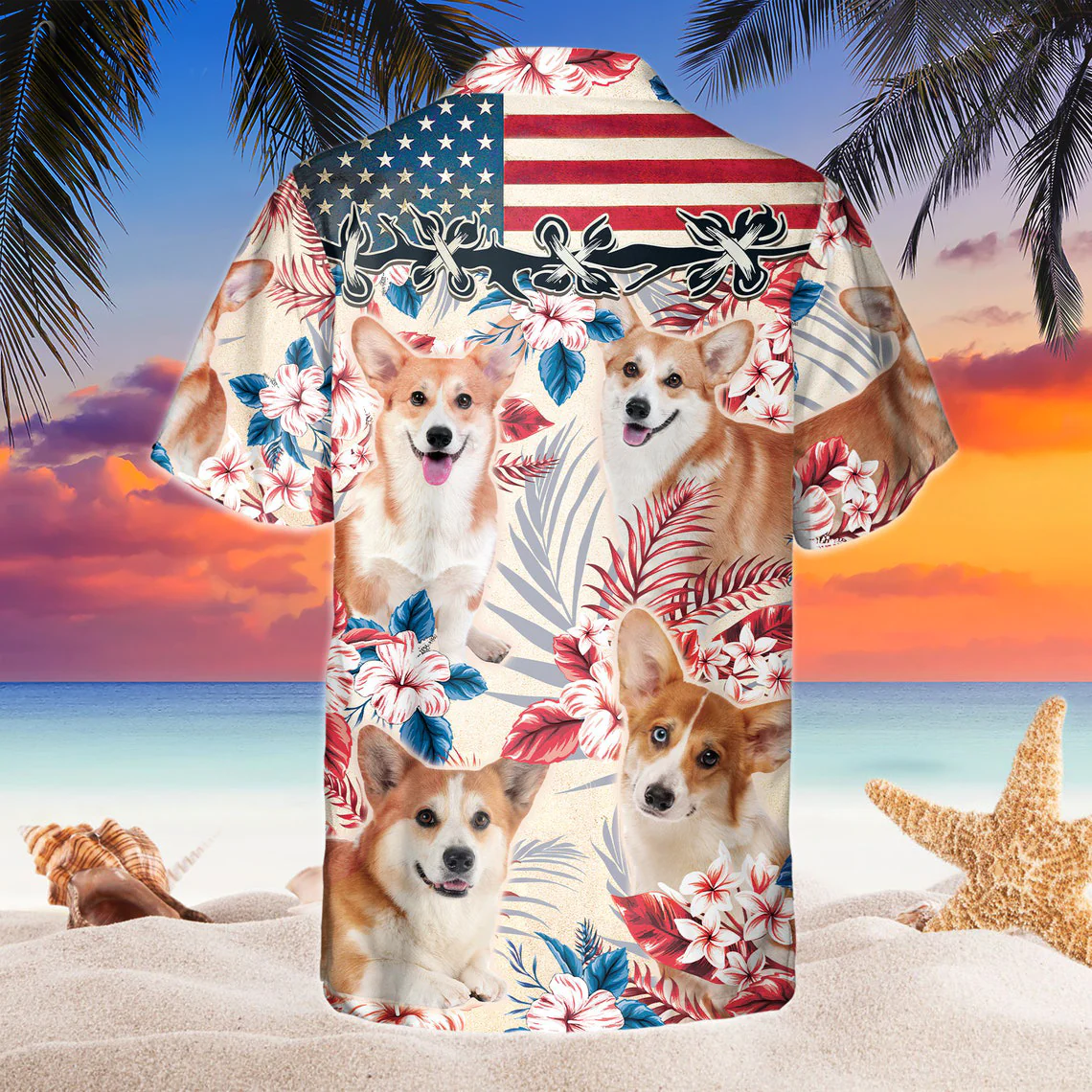Welsh Corgi Dog United States Flag Hawaiian Flowers All Over Printed 3D Hawaiian Shirt
