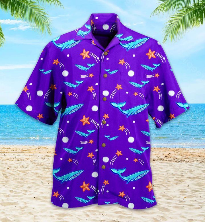 Whale And Starfish Cute Violet Trendy Hawaiian Shirt 3D Summer Gifts Whale And Starfish Cute Violet Trendy Hawaiian Shirt 3D Summer Gifts