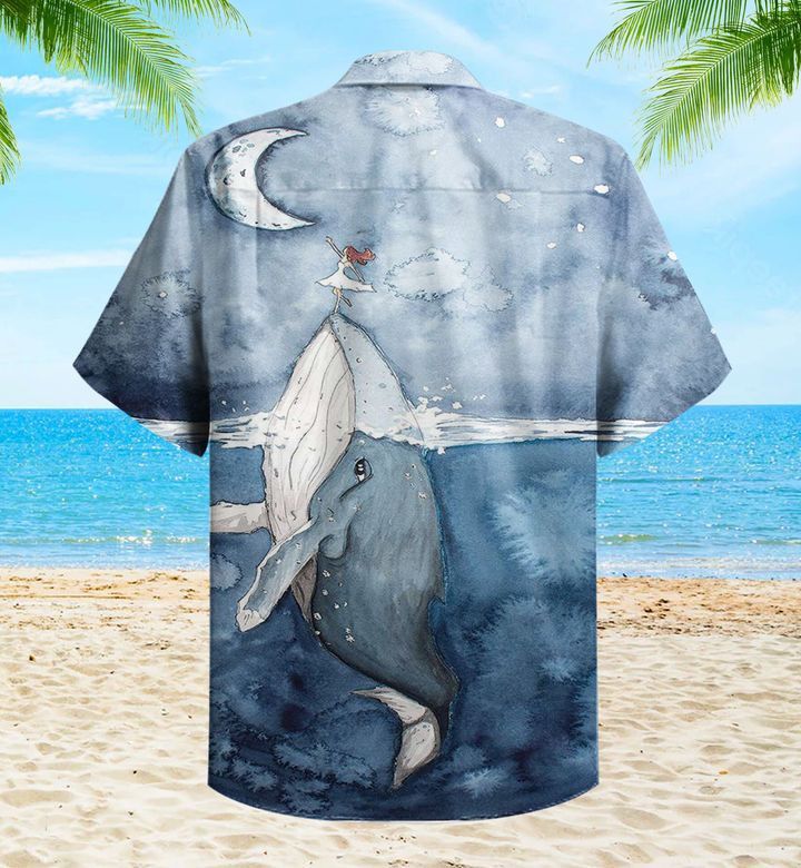 Whale Moon Blue Trendy Hawaiian Shirt 3D Summer Gifts