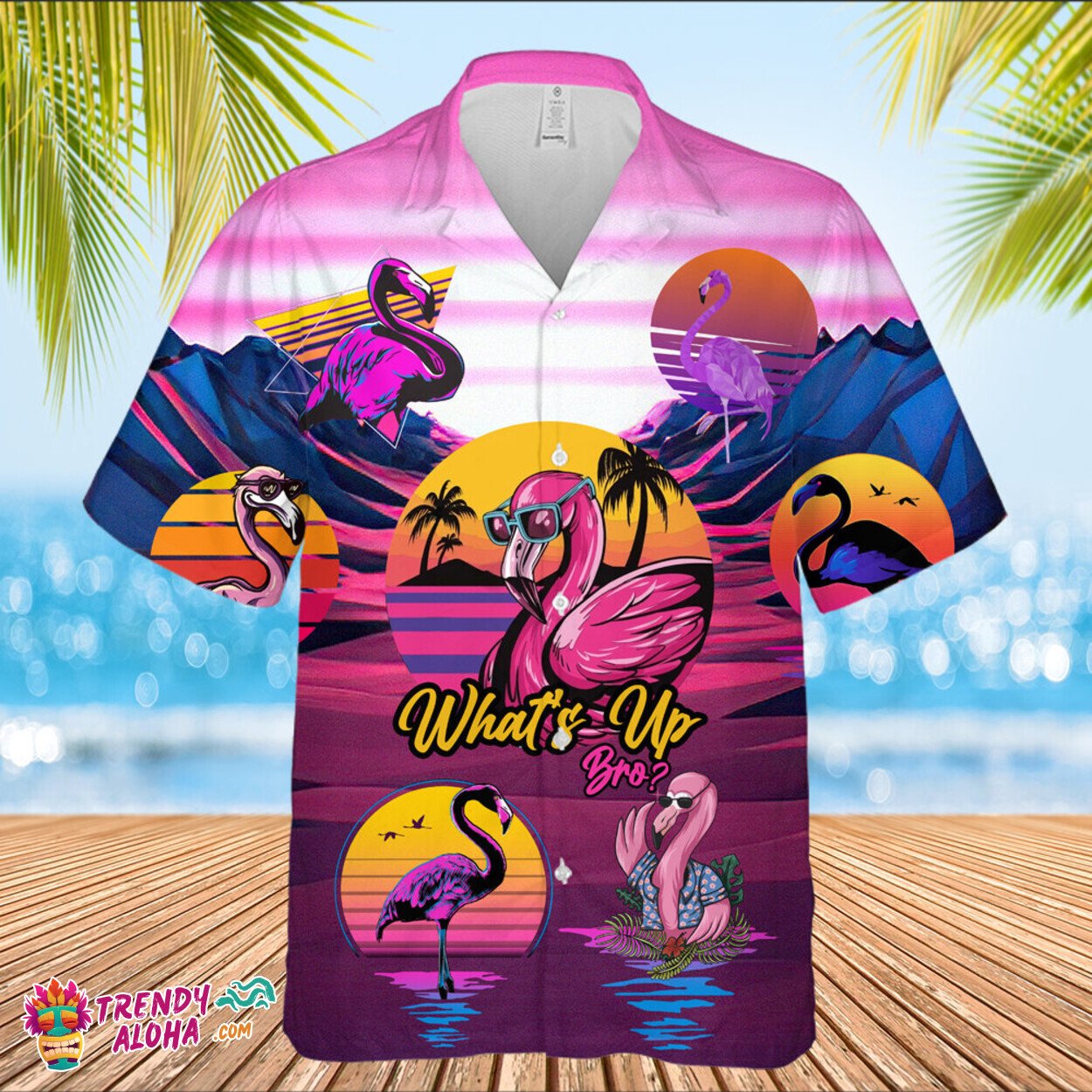 What’s Up Bro Retro Flamingo Tropical Pattern Hawaiian Shirt