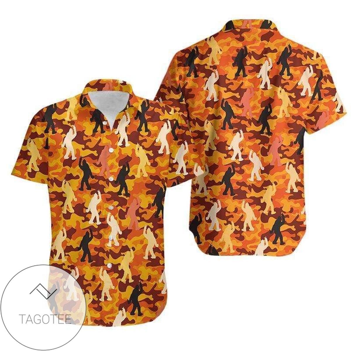Whimsical Bigfoot Dons Orange Camo on Vivid Hawaiian Shirt