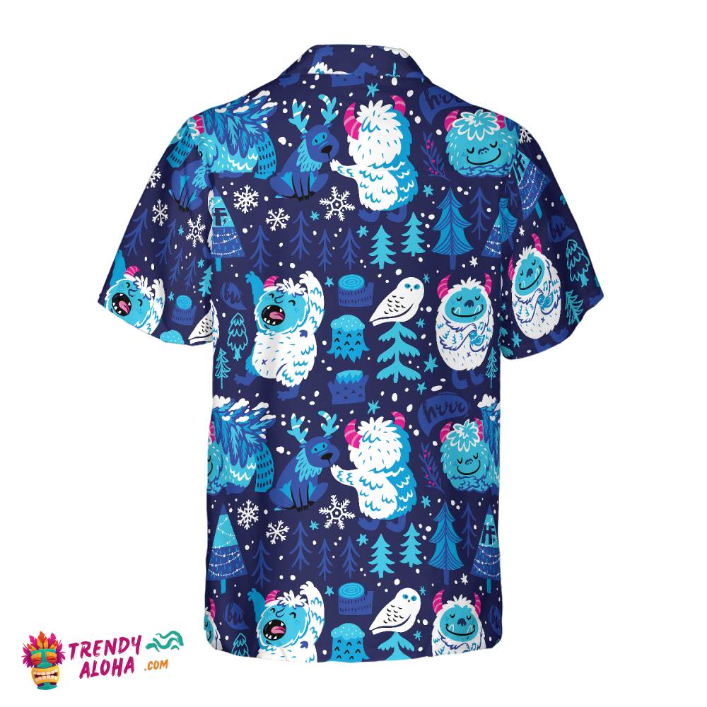 White Bigfoot Winter Forrest Bigfoot Hawaiian Shirt, Snow Owl And Tree Bigfoot Shirt For Men