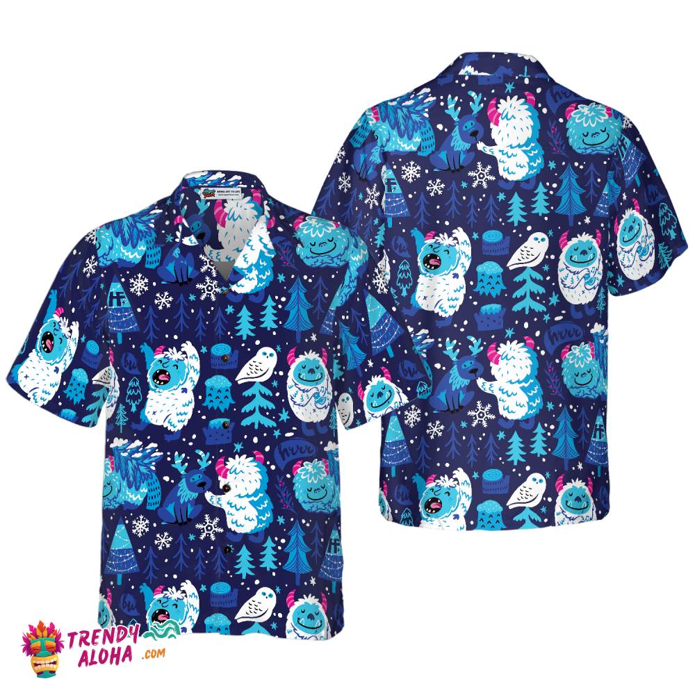 White Bigfoot Winter Forrest Bigfoot Hawaiian Shirt, Snow Owl And Tree Bigfoot Shirt For Men