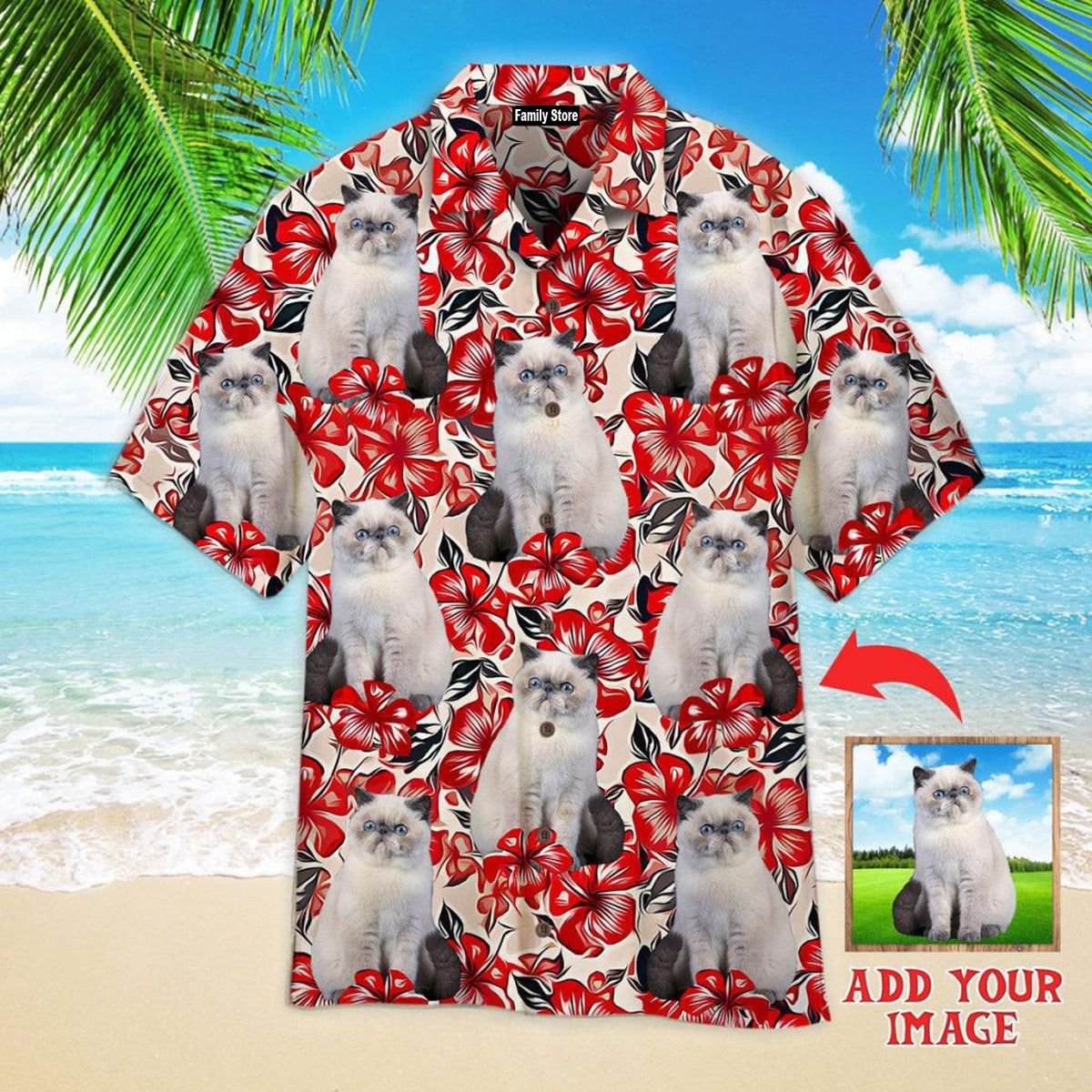 White Cat On Red Flower Design Custom Hawaiian Shirt