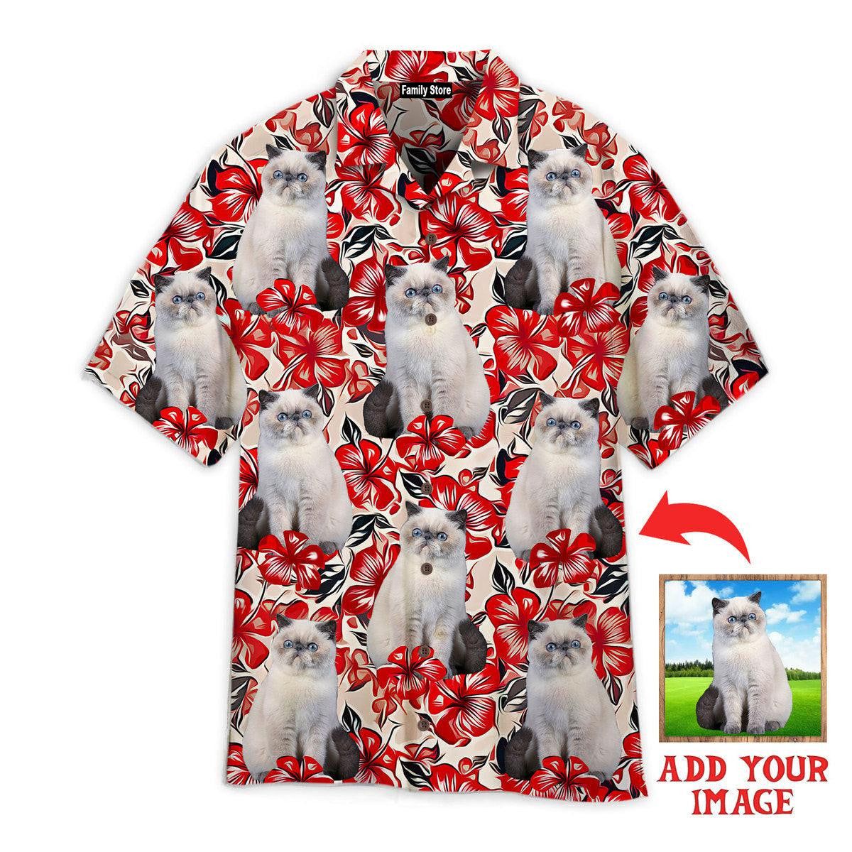 White Cat On Red Flower Design Custom Hawaiian Shirt