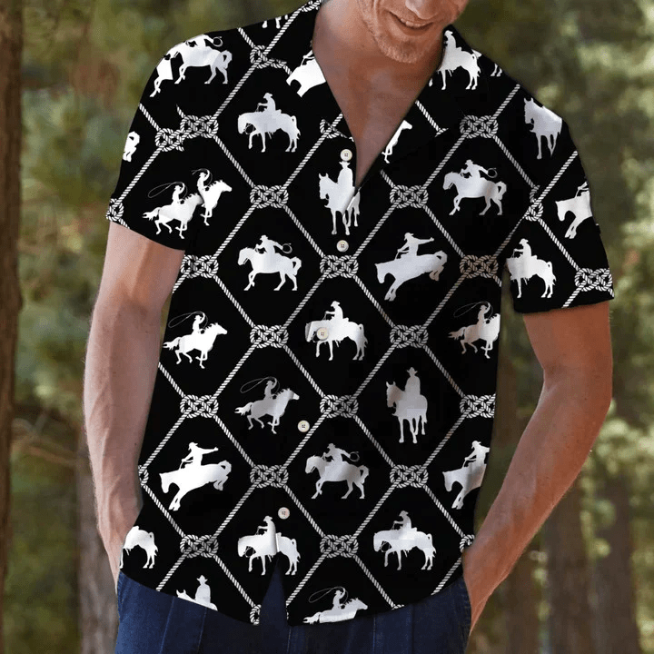 White Cowboy Riding Horse In Black Trendy Hawaiian Shirt White Cowboy Riding Horse In Black Trendy Hawaiian Shirt
