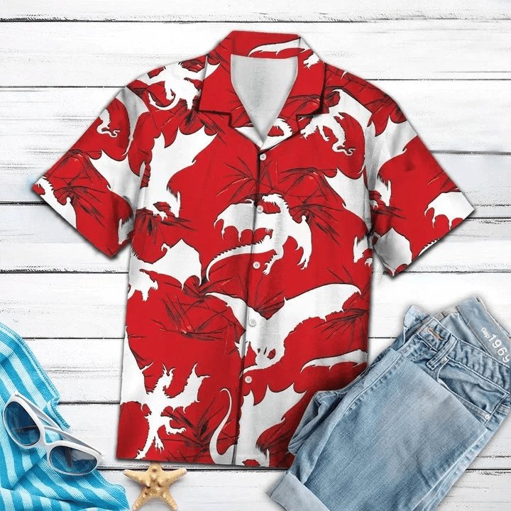 White Dragon Flying Red Trendy Hawaiian Shirt For Men, Women