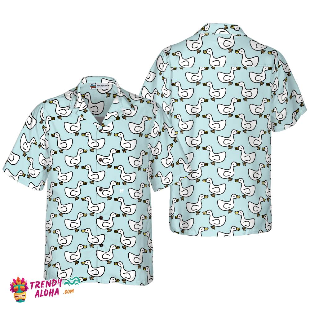 White Duck Cartoon In Blue Hawaiian Shirt