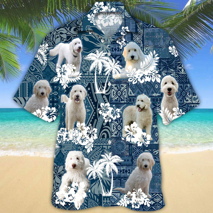 White Goldendoodle Hawaiian Tropical Plants Pattern Blue And White All Over Printed 3D Hawaiian Shirt