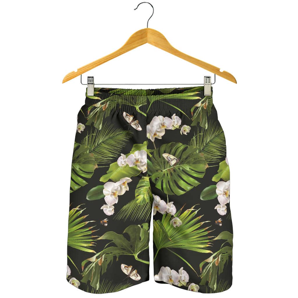 White Orchid Flower Tropical Leaves Pattern Blackground For Men Women Kid Shorts