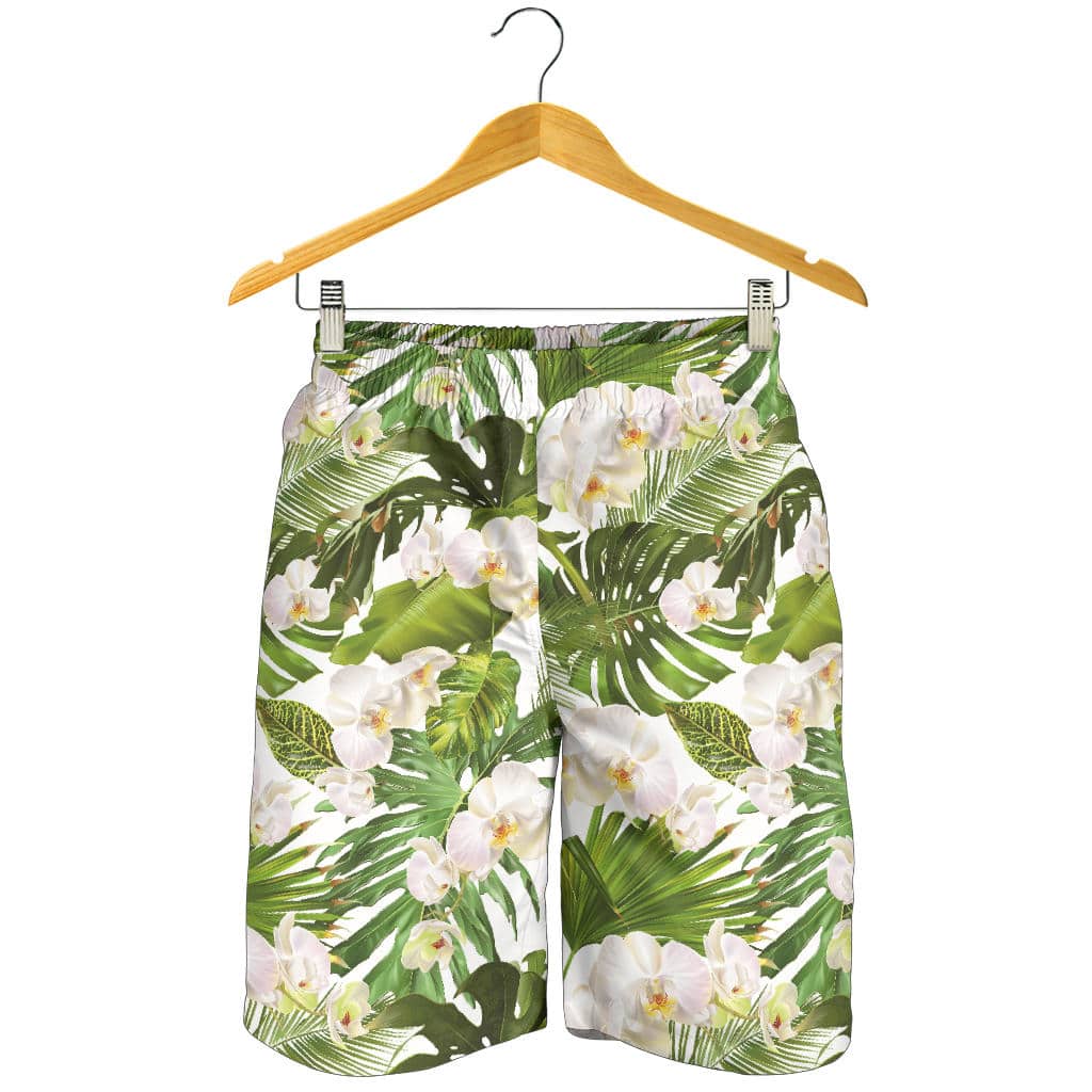 White Orchid Flower Tropical Leaves Pattern For Men Women Kid Shorts