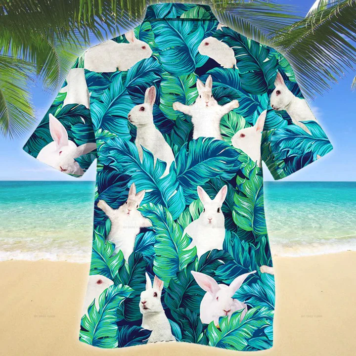 White Rabbit Lovers Trendy Hawaiian Shirt, Rabbit Aloha Shirt, Short Sleeve Hawaiian Aloha Shirt For Men, Women