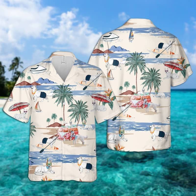 White Shepherd Summer Beach Trendy Hawaiian Shirt, Dog Beach Short Sleeve Trendy Hawaiian Shirt