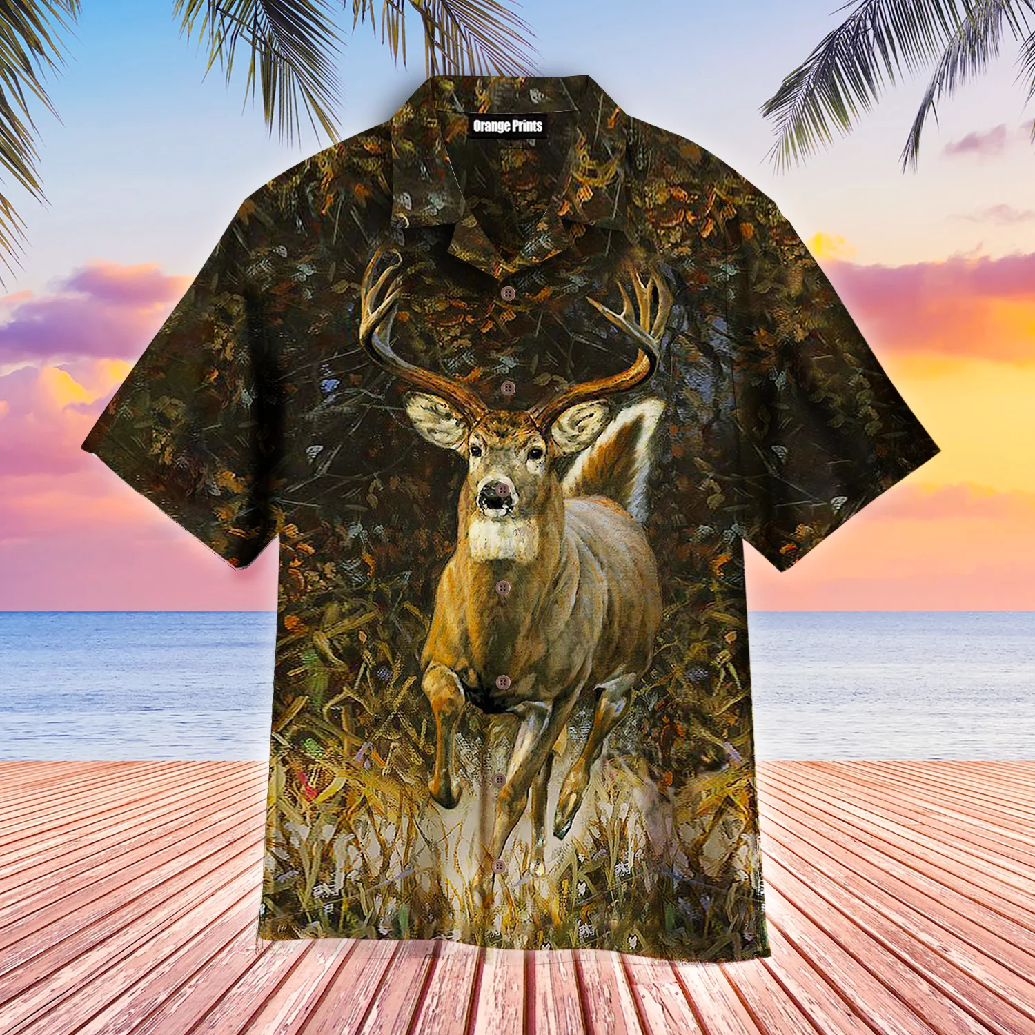 White Tailed Deer in Hunting Themed Hawaiian Shirt