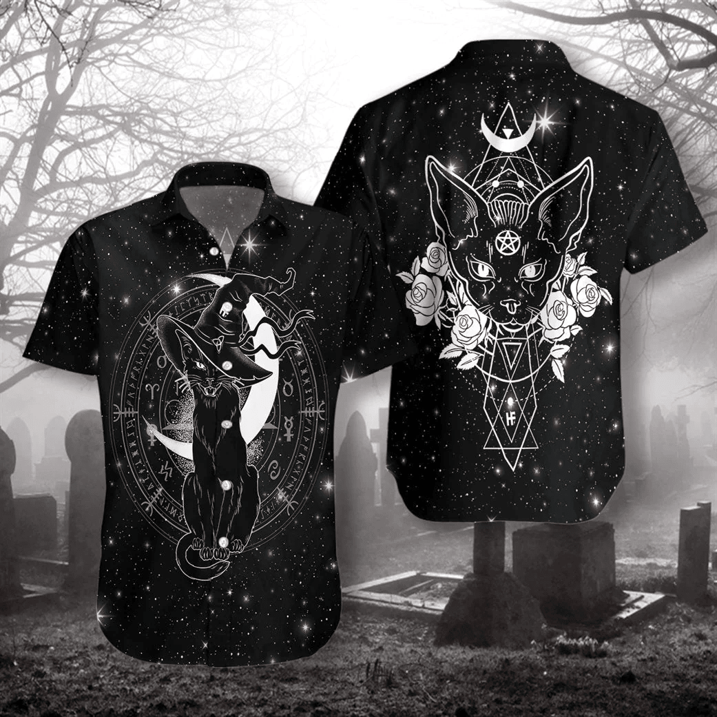 Wicca Black Cat Theme Hawaiian Shirt for Halloween